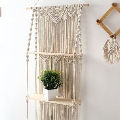 Étagère Murale Flottante en Bois et Macramé – Style Bohème Chic